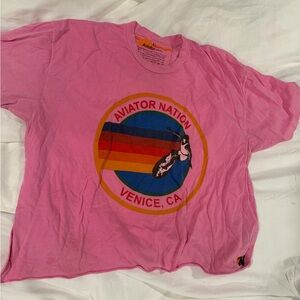 Aviator Nation neon Pink Tee with Rainbow Graphic